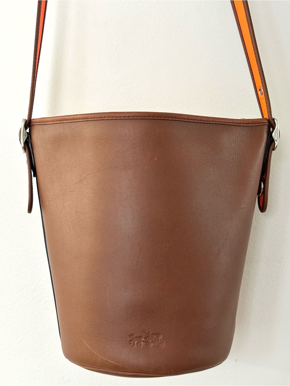 Coach Natural Brown Leather Bucket Crossbody with Orange-Trim Strap